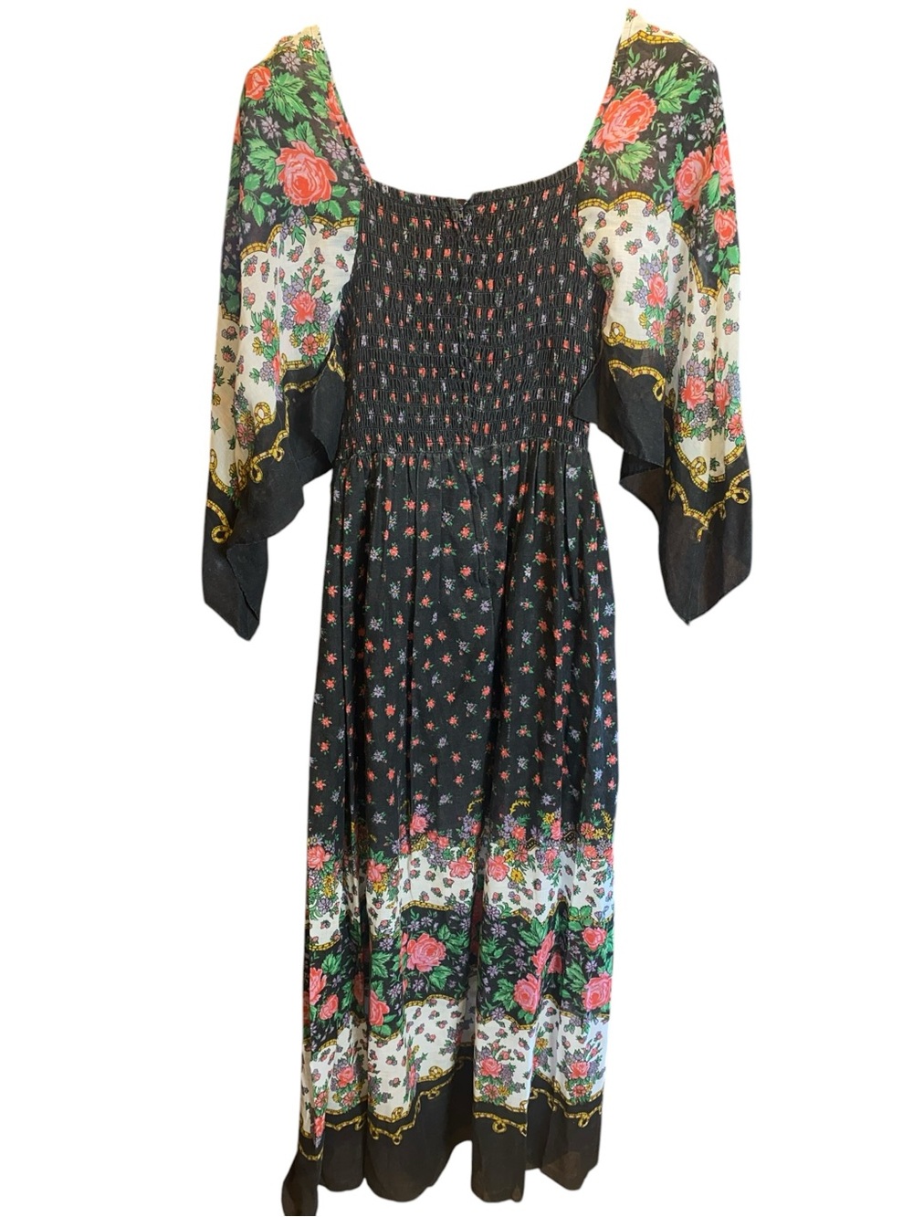 Rare! Vintage 70’s Black Floral Scarf Maxi Dress Bohemian Retro Cotton Tall